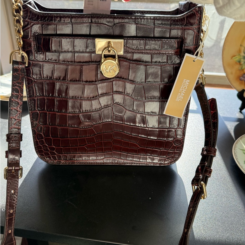 Michael Kors Dark Brown Crocodile-Embossed Leather Crossbody Bag